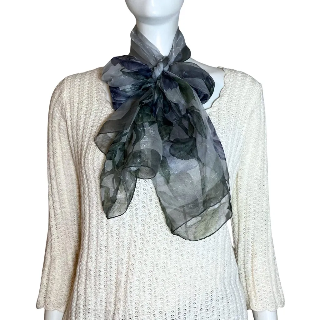 Vintage Mantero Collection Silk Blend Italy Floral Grey Scarf Whimsigoth Sheer Gray - Image 2