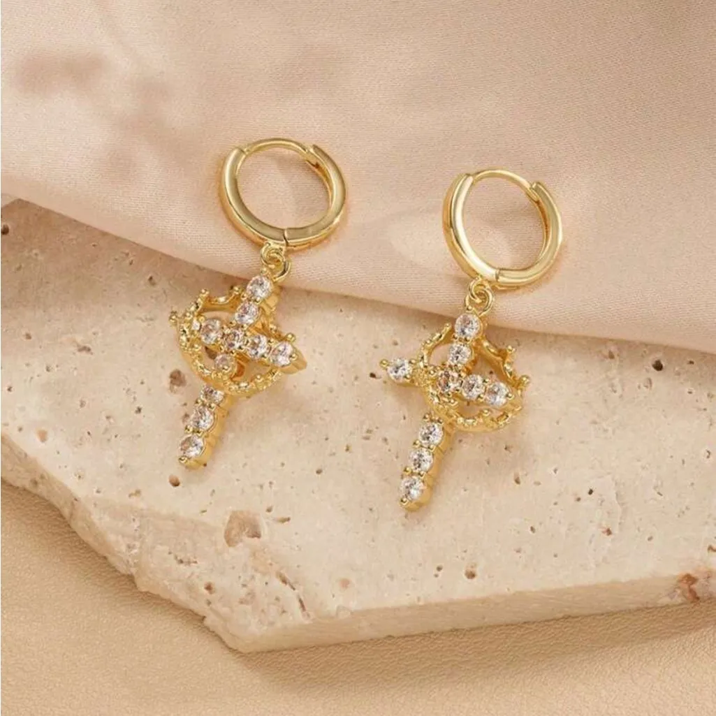 Gold Cross Crown Hoop Earrings - Image 3