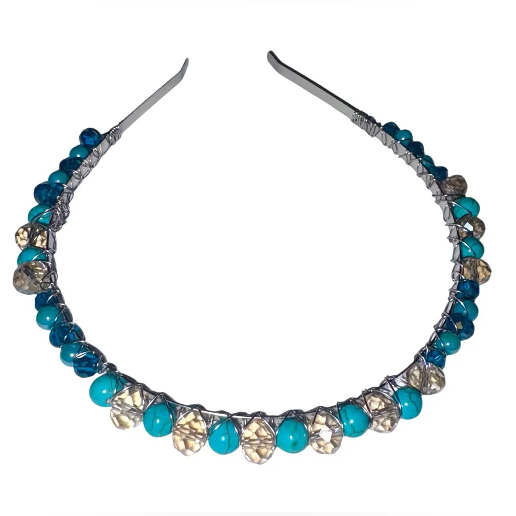 Silver Headband with Turquoise, Austrian Crystals and Electroplated Glass Beads Blue - Image 2
