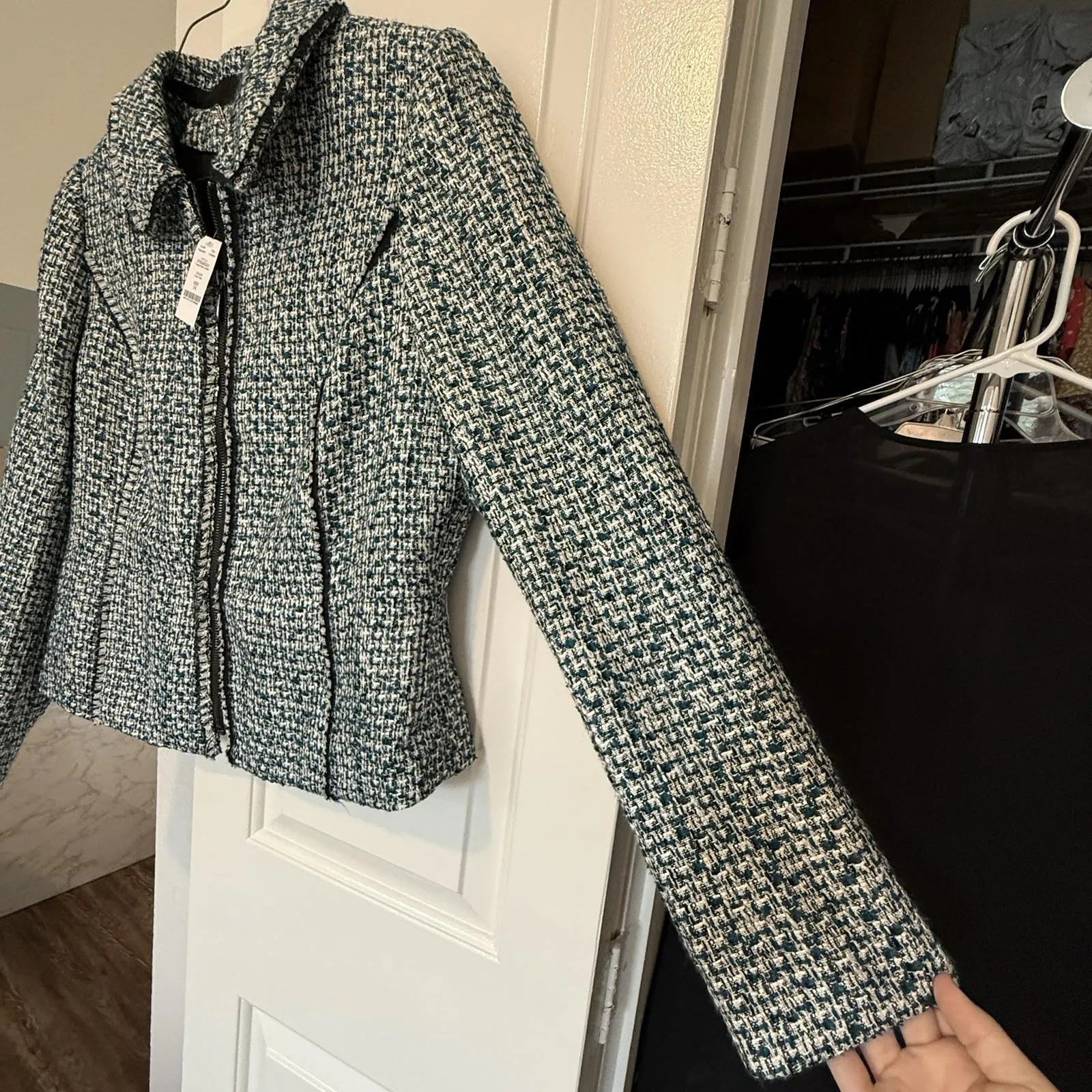 WHBM Tweed Moto Jacket Collared Zip Front River Teal Women’s Sz 14 NWT - Image 12