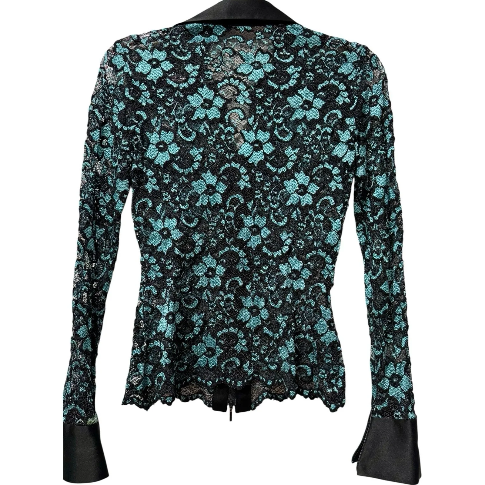 RARE Vintage Cache Lace Zip Blouse‎ Black & Teal Floral Mesh Glam Too Y2K Small - Image 2