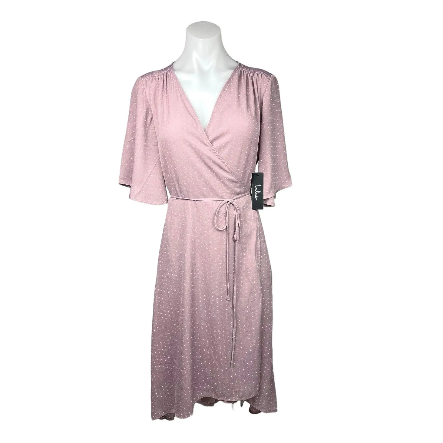 NEW Lulus Farah Pink Mauve V Neck Polka Dot Tie Flutter Sleeve Midi Wrap Dress M - Image 5