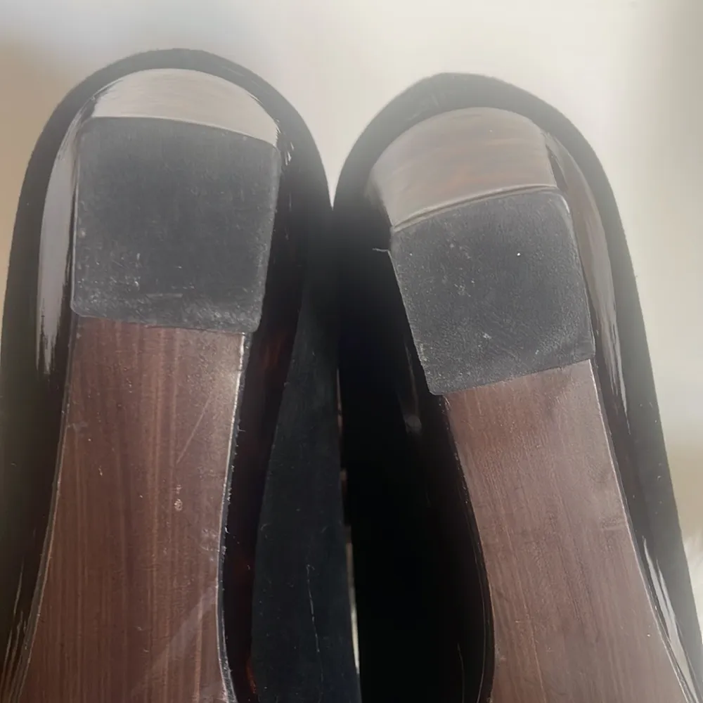 Stuart Weitzman wedge flat brown marble patent and black suede vintage Sz 9M - Image 9