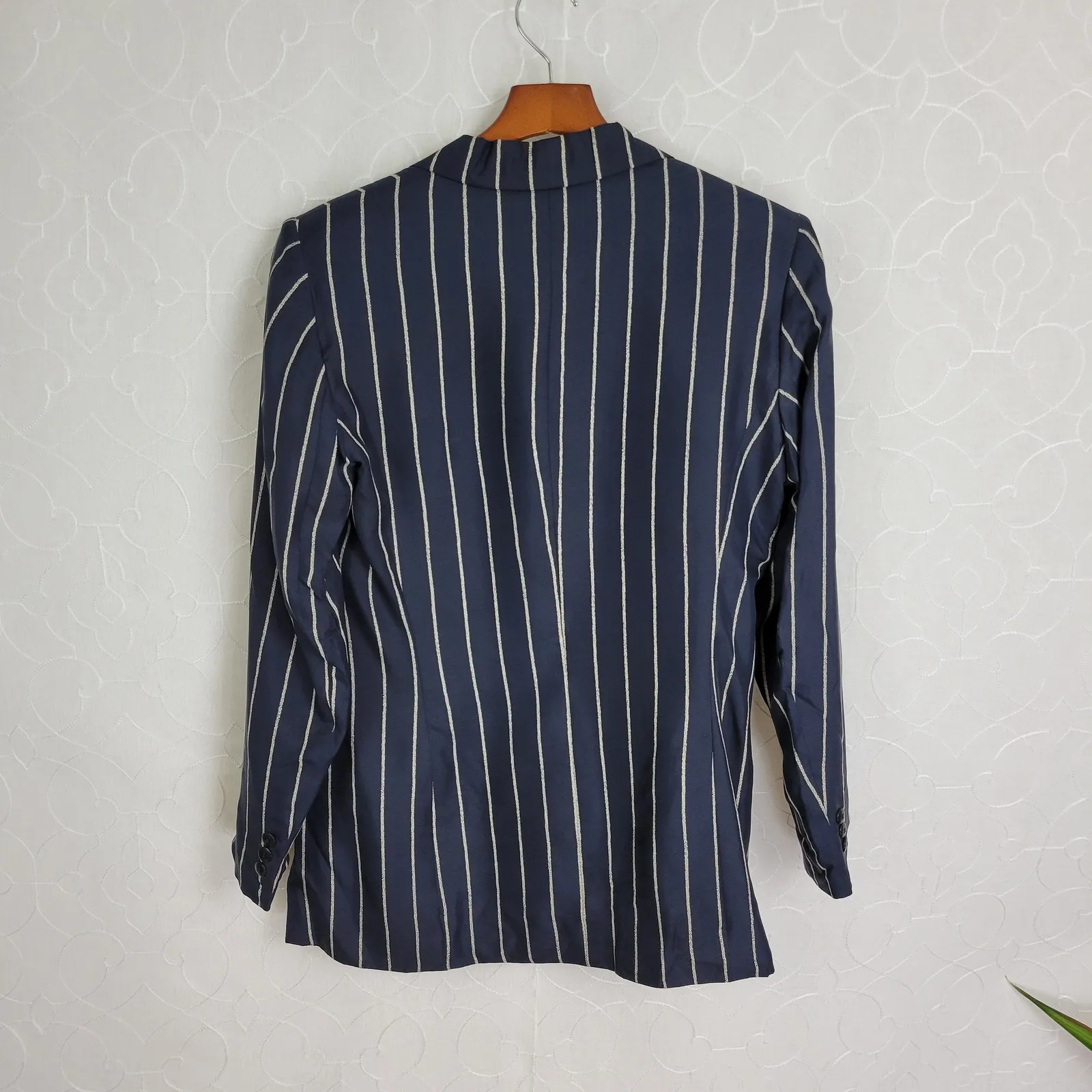 Vintage Avant‎ Garde Silk Jacket Womens 44 Navy Blue Pin Striped Italian Minimal Size undefined - Image 7