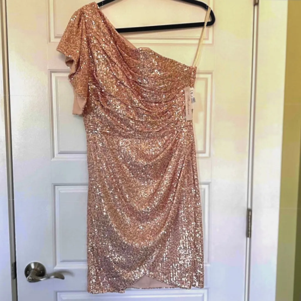 Shoshanna Dahlia Sequin One-Shoulder Ruffle Sleeve Minidress, Rose Gold / Pink, - Image 3