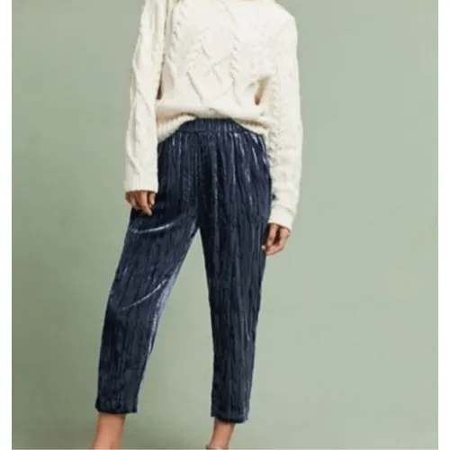 Anthropologie Womens Ett Twa Blue Crushed Velvet High Cropped Pull On Pants sz M - Image 5