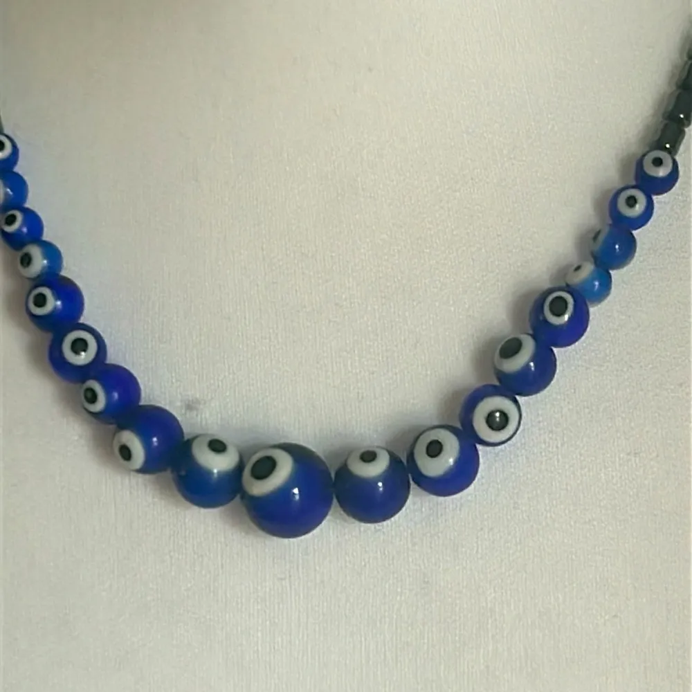 New Handcrafted cobalt Blue Glass Evil Eye Graduated and Hematite Bead Necklace Gray - Image 3