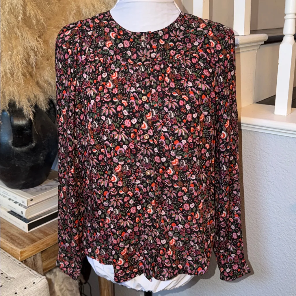 Anthropologie Maeve Orli Bibbed Button Down Floral Long Sleeve Blouse Size XS Red - Image 3