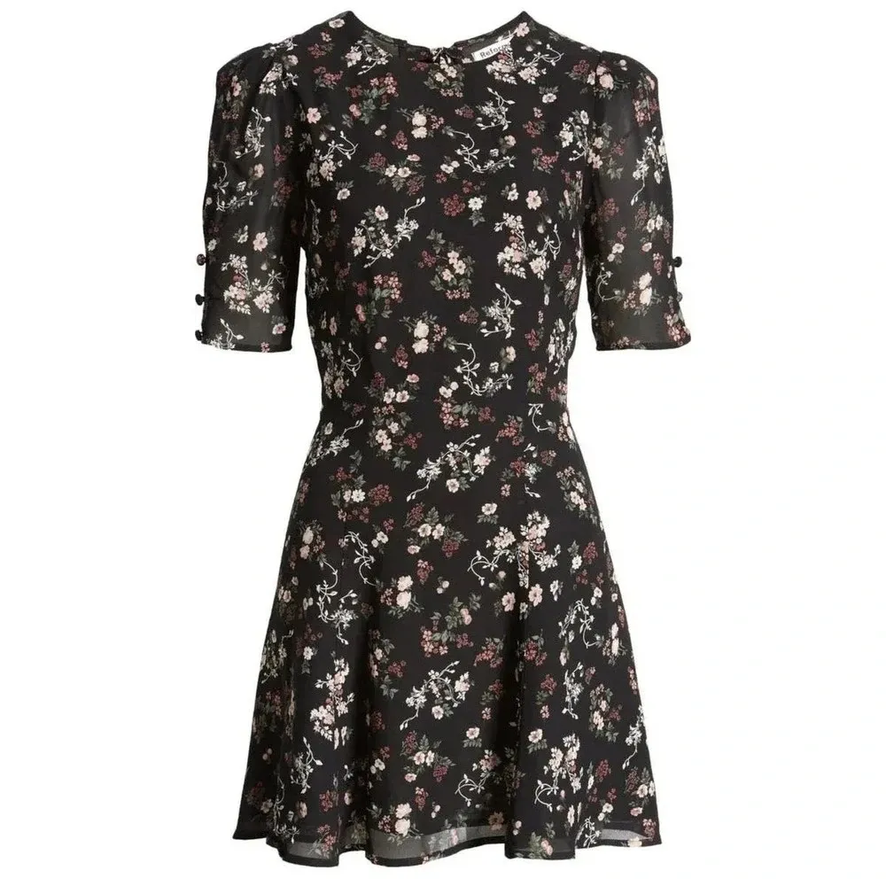 Reformation • Bard Dress mini puff sleeve Jolene black floral print georgette - Image 4