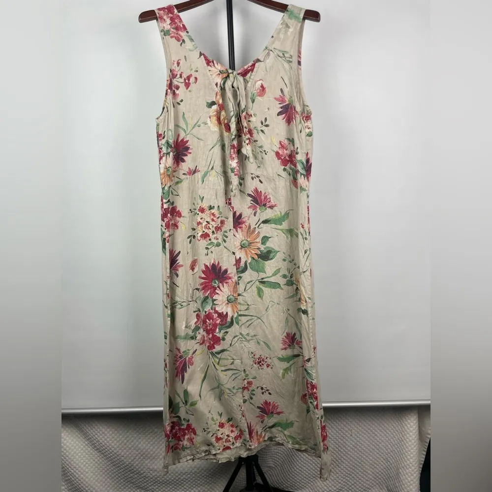 Marina Gigli Tan Linen‎ Painted Floral Sleeveless Midi Tie Back Dress Size M - Image 6