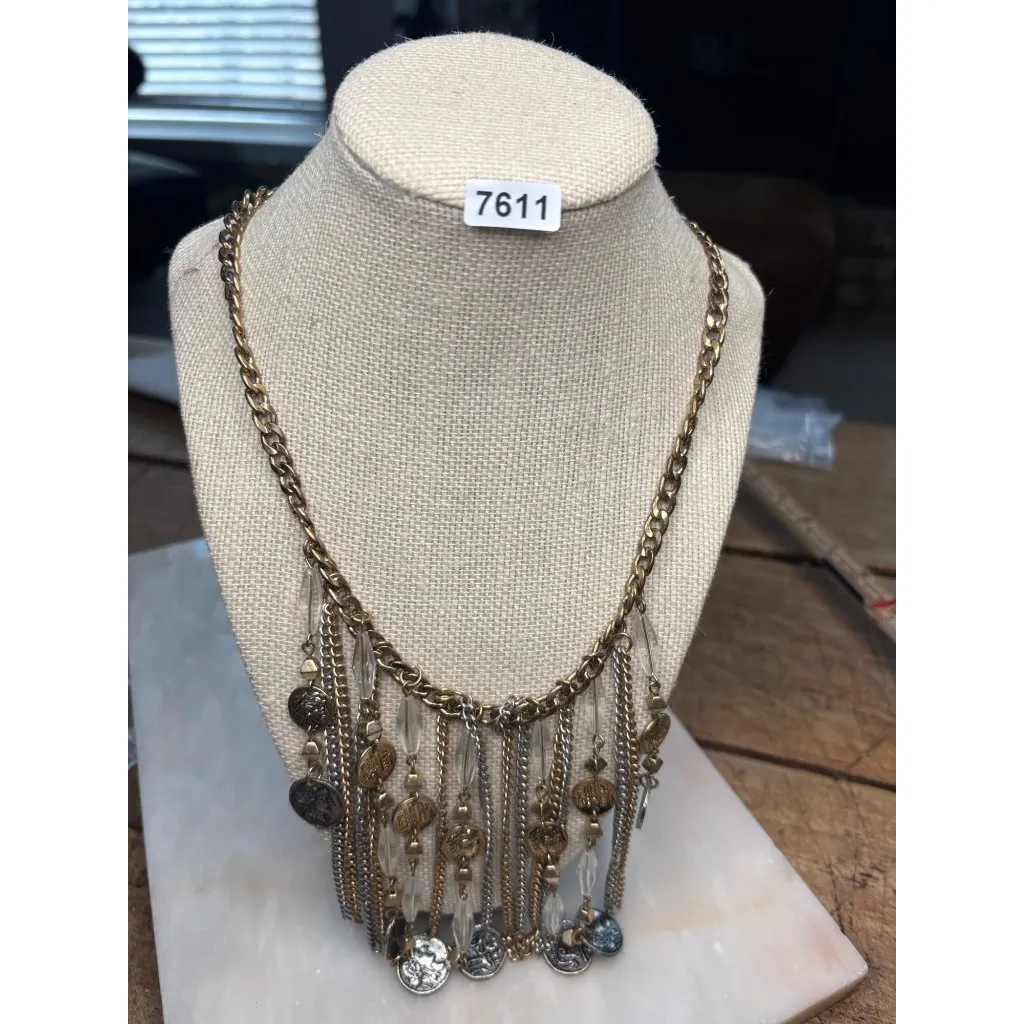 Vintage Gold & Silver Tone Coin Statement Necklace With Clear Beads & Chain Frin - Image 13
