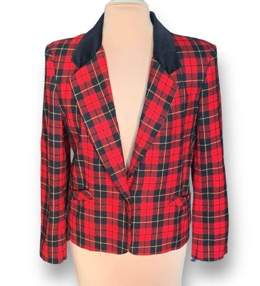 Vintage Alfred Dunner Petite Blazer Jacket Red Black Plaid Velvet Collar Preppy Size 12P - Image 9