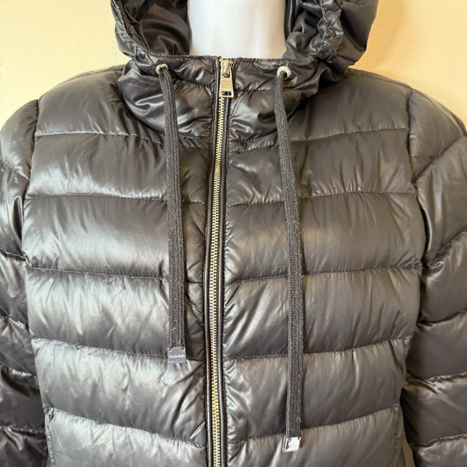 Calvin Klein Packable Down Puffer Jacket Womens Small Black‎ Hooded Quilted Warm - Image 2