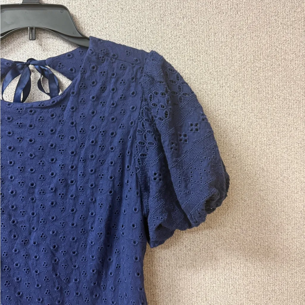 Free People Women Size Small Apricot Rose Puff Sleeve Eyelet Indigo Mini Dress‎ - Image 4