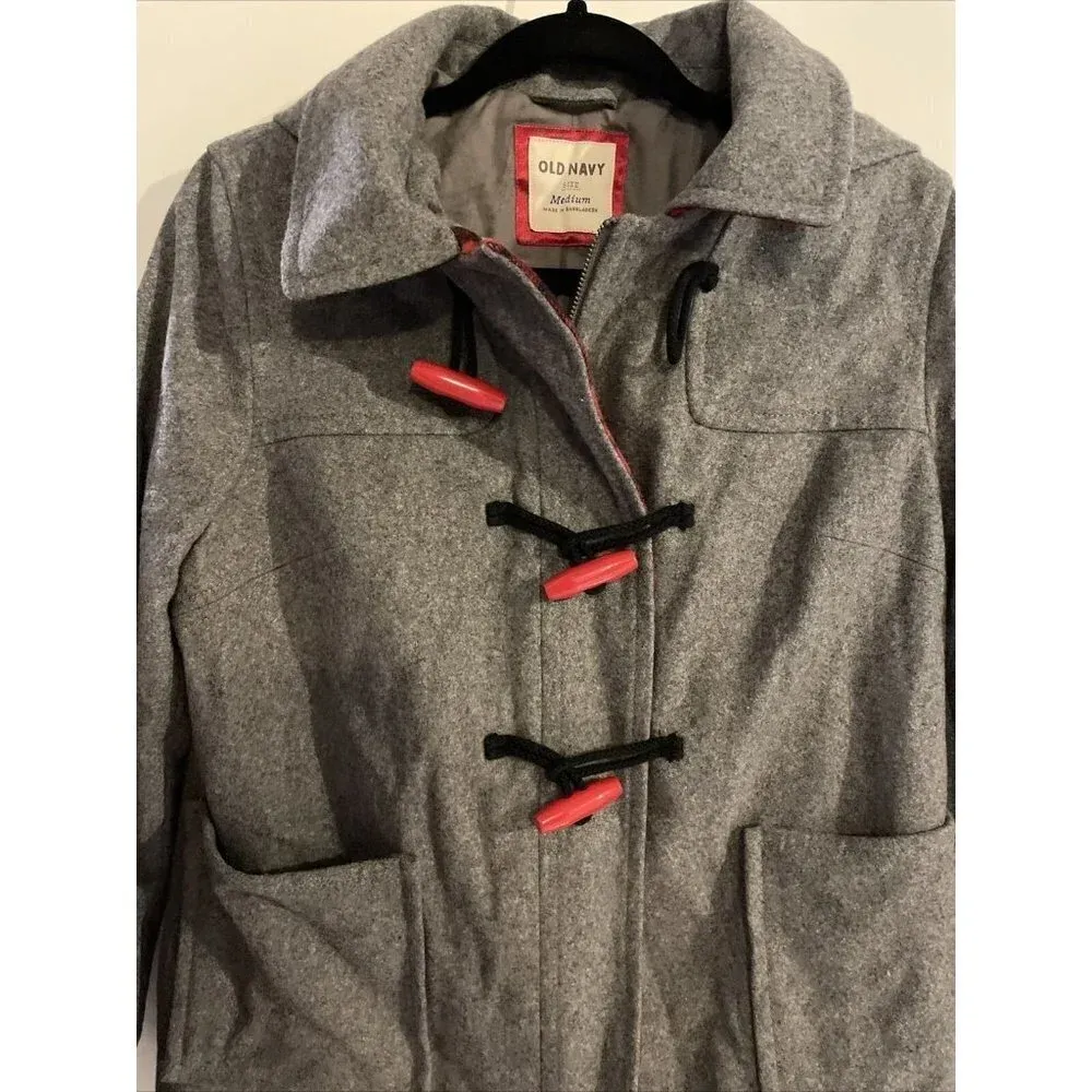 Old Navy Womans Wool Blend Coat Jacket Duffle Style Toggle Gray Red Medium Hood‎ - Image 3