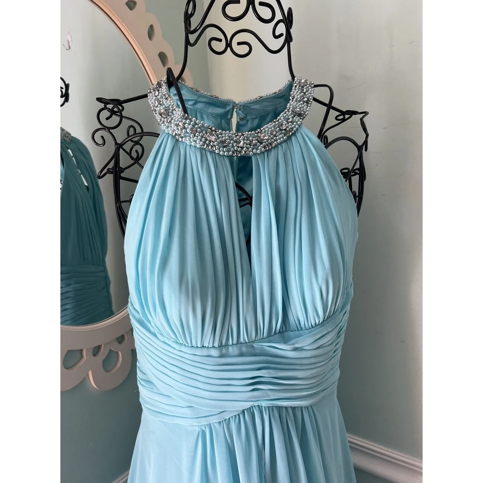 $240 ELIZA J Embellished Tiered Chiffon Halter Gown formal AQUA WHISPER‎ 4 - Image 2