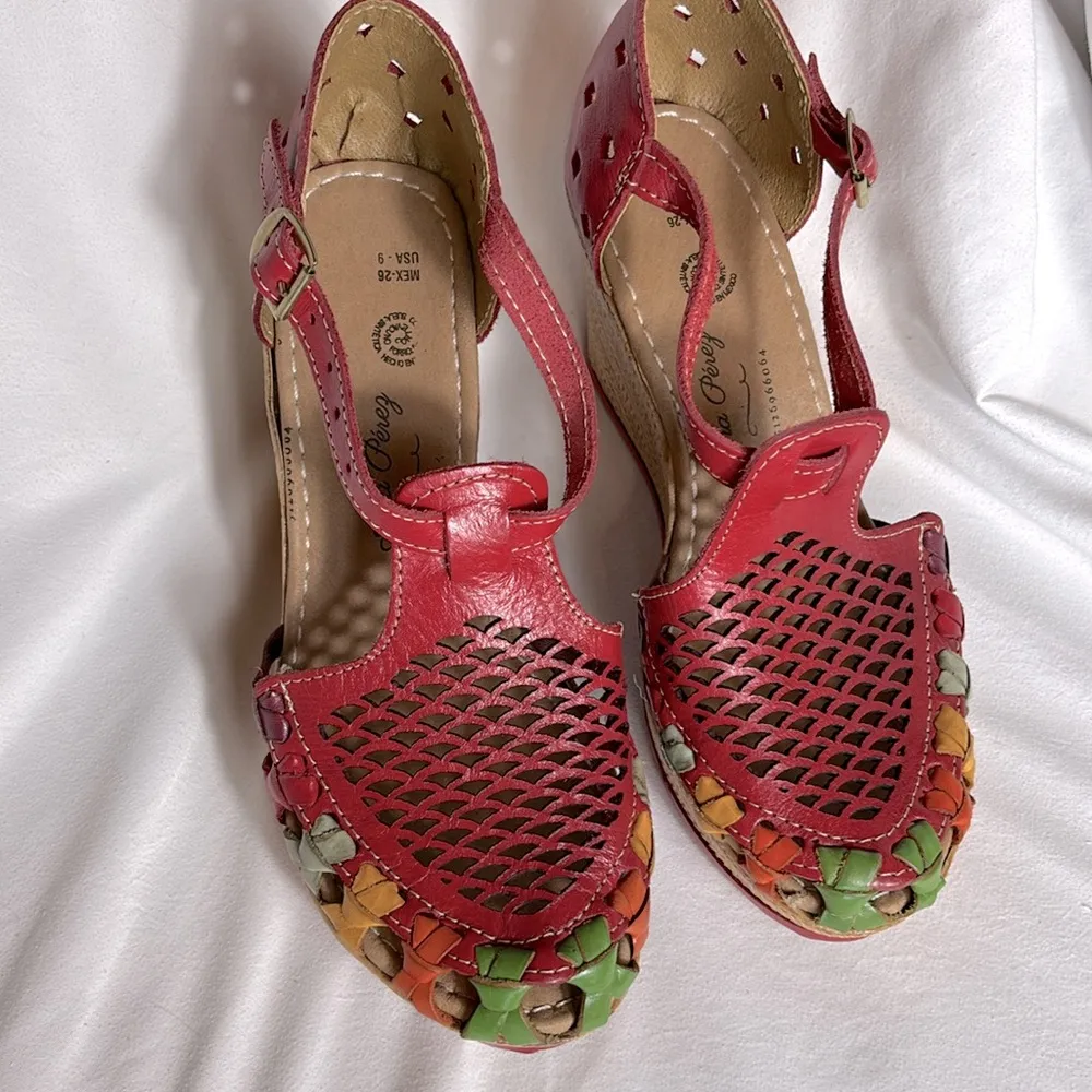 Ana Perez Mexican Leather Wedge Sandals Laser Cut, Size 9 Red - Image 4