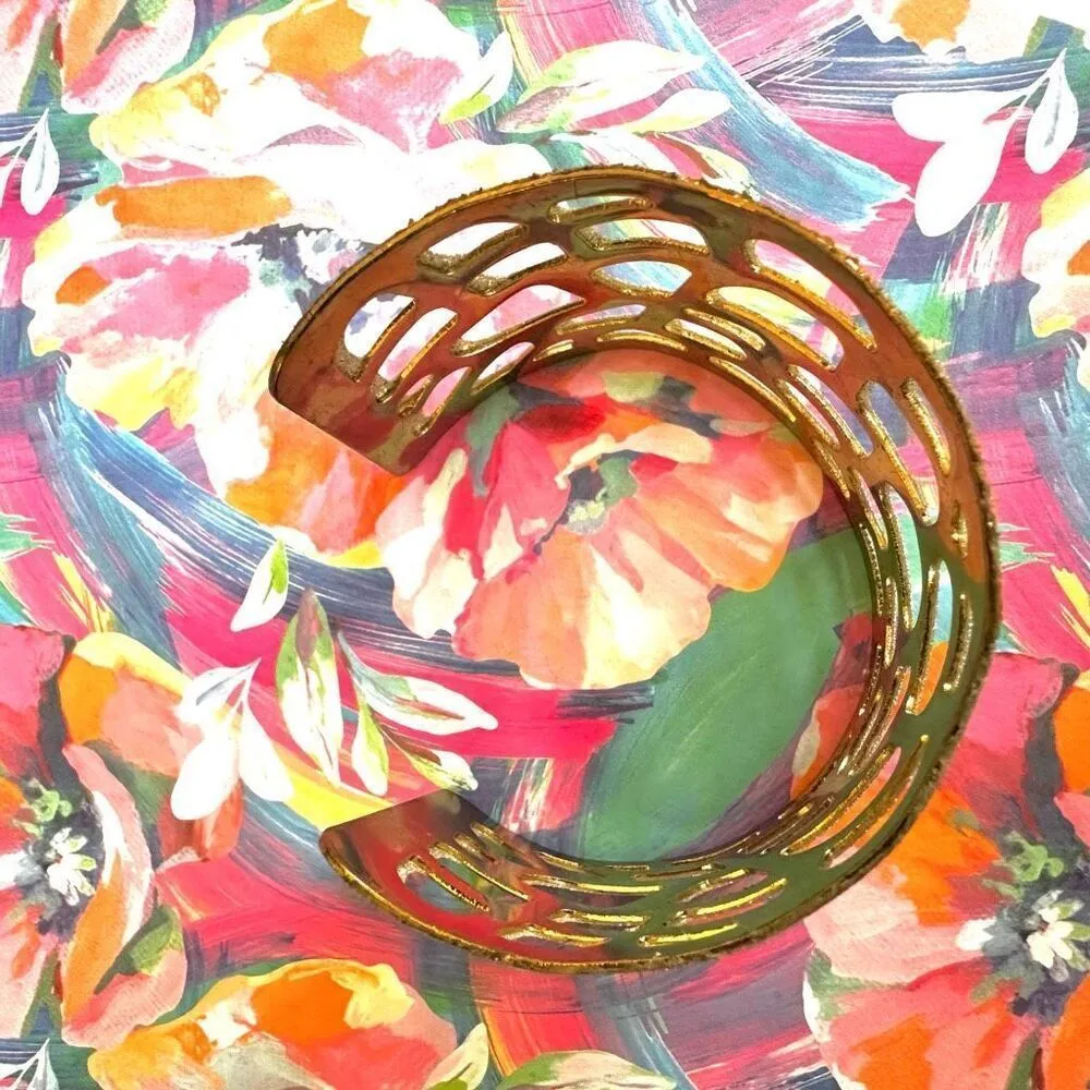 Silver gold tone wide cut out open cuff bracelet - Image 8