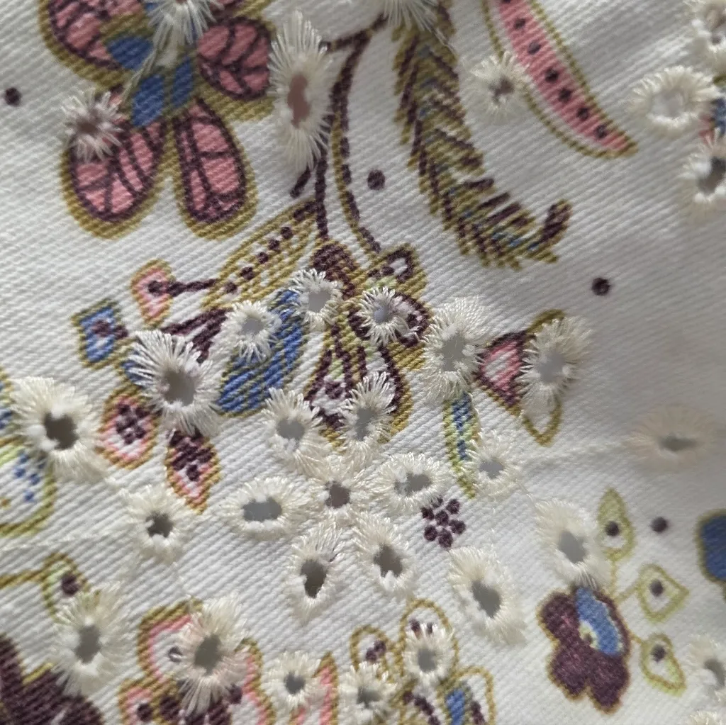 Floral Feminine Eyelet Womens Jacket Colorful Boho Cropped Size Medium White - Image 5