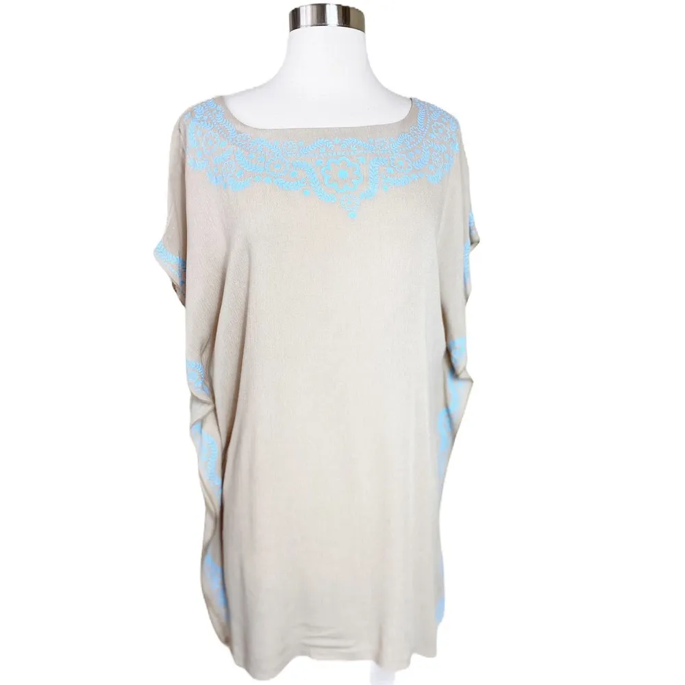 TUNIC BEACH COVER UP T. Zovich Solid with Floral Trim Swim Sustainable Tan NWT Size M - Image 2