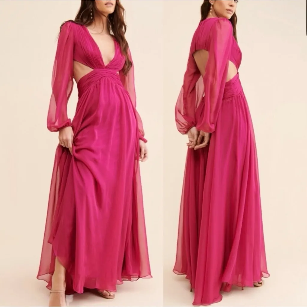 Ieena Mac Duggal Hot Pink A Line Cut Out V Neck Back Long Sleeve Maxi Dress Sz 6 - Image 2