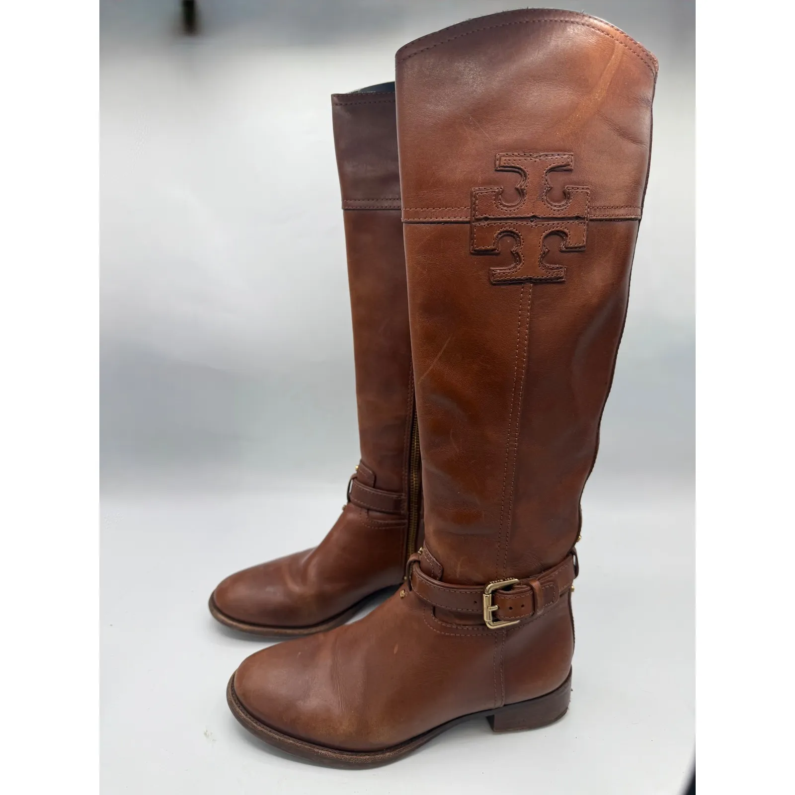 Tory Burch Riding Boots Women's 6.5 Cognac Leather Tall Equestrian Logo Boots - Image 9
