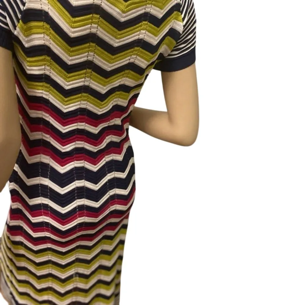 Chevron Knit Midi‎ Dress with Striped Pattern in Navy, Red, Yellow and White - Image 8