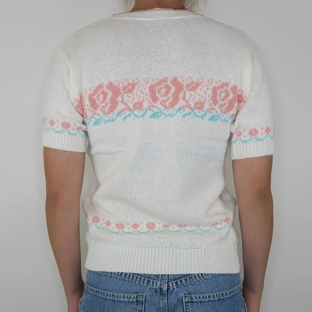 Vintage 80s Garan by Marita Rose Floral Cottagecore Short Sleeve Sweater Shirt White - Image 4