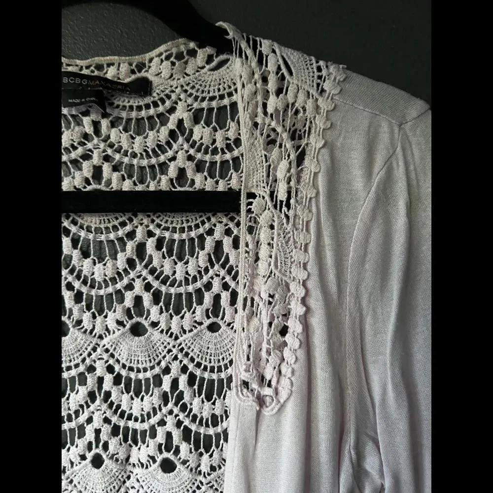 BCBG Maxazria size Small Elegant Lace-Trim Cardigan in Soft Pink - Image 6