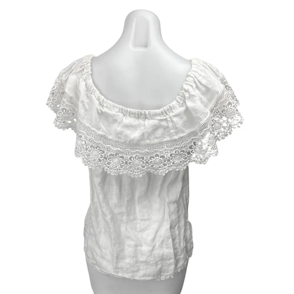 Women's White Embroidered Floral Crochet Off The Shoulder Ruffle Blouse Top Sz S - Image 2