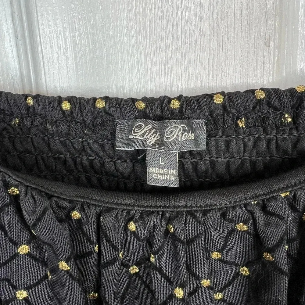 Lily Rose Skater Mini Dress Size L Black Gold Polka Dot Long Sleeve Smoc - Image 9