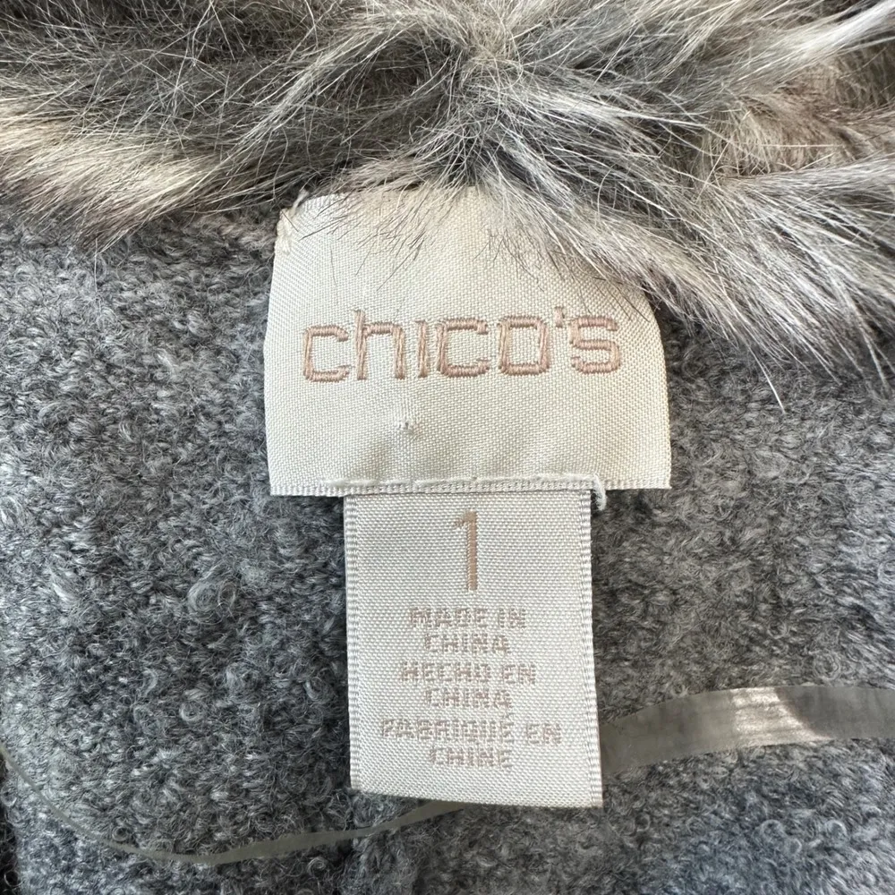 Chico's Faux Fur Collar Open Front Cardigan Sweater Wool Blend Cape Gray Women 1 - Image 7
