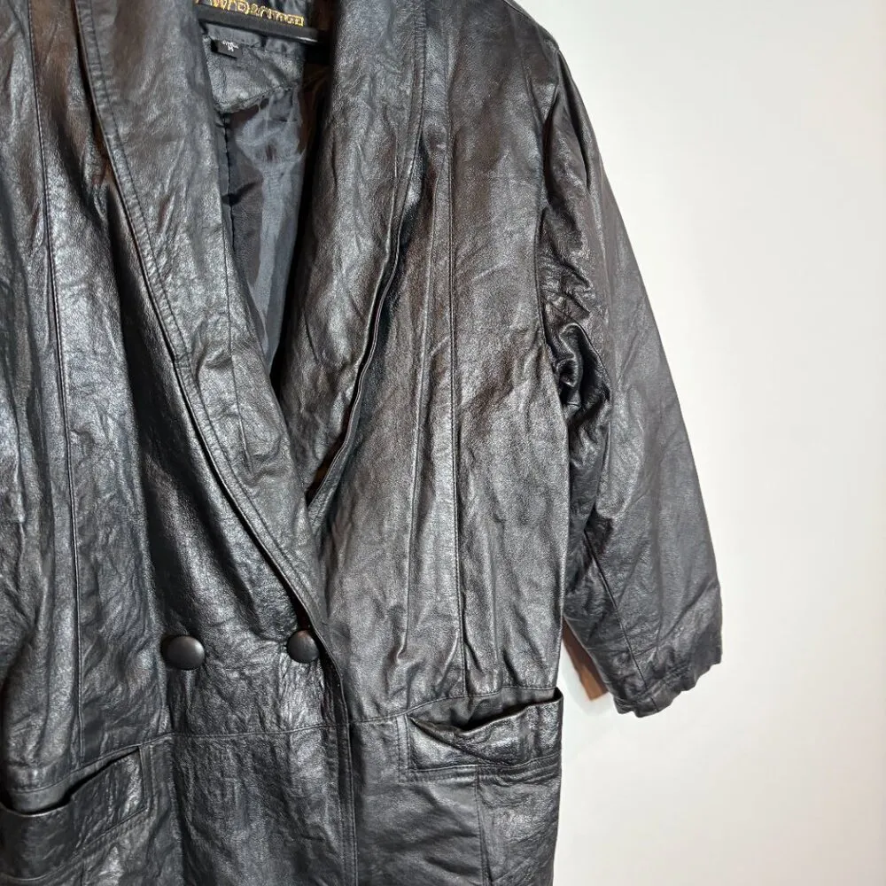 Vintage black leather long trench jacket Size M - Image 2