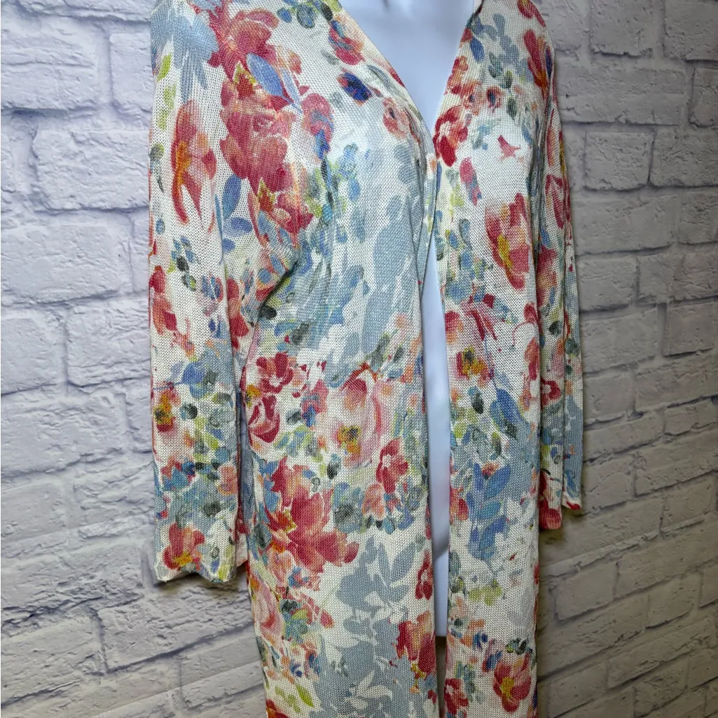 J JILL Linen Blend Watercolor Floral Print Duster Cardigan Sweater Colorful Sz M Blue Size M - Image 3