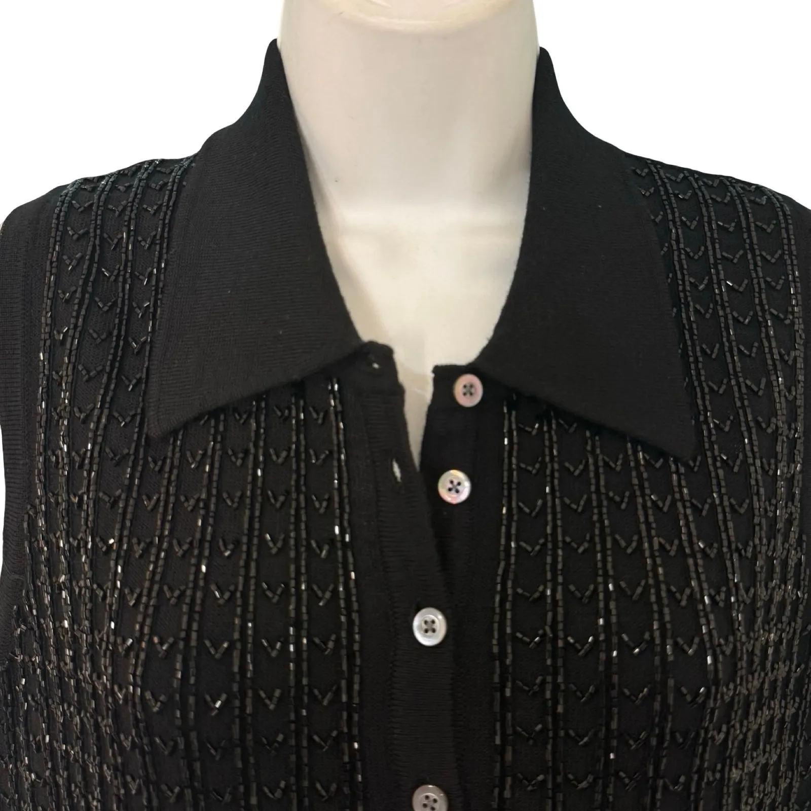 Vintage Banana Republic Black Merino Wool Beaded Sleeveless Polo Sweater Tank L - Image 8