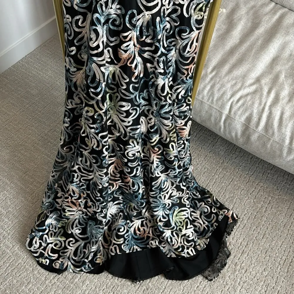 Tahari multicolor appliqué black full length gown sleeveless mesh top sz 2 - Image 3