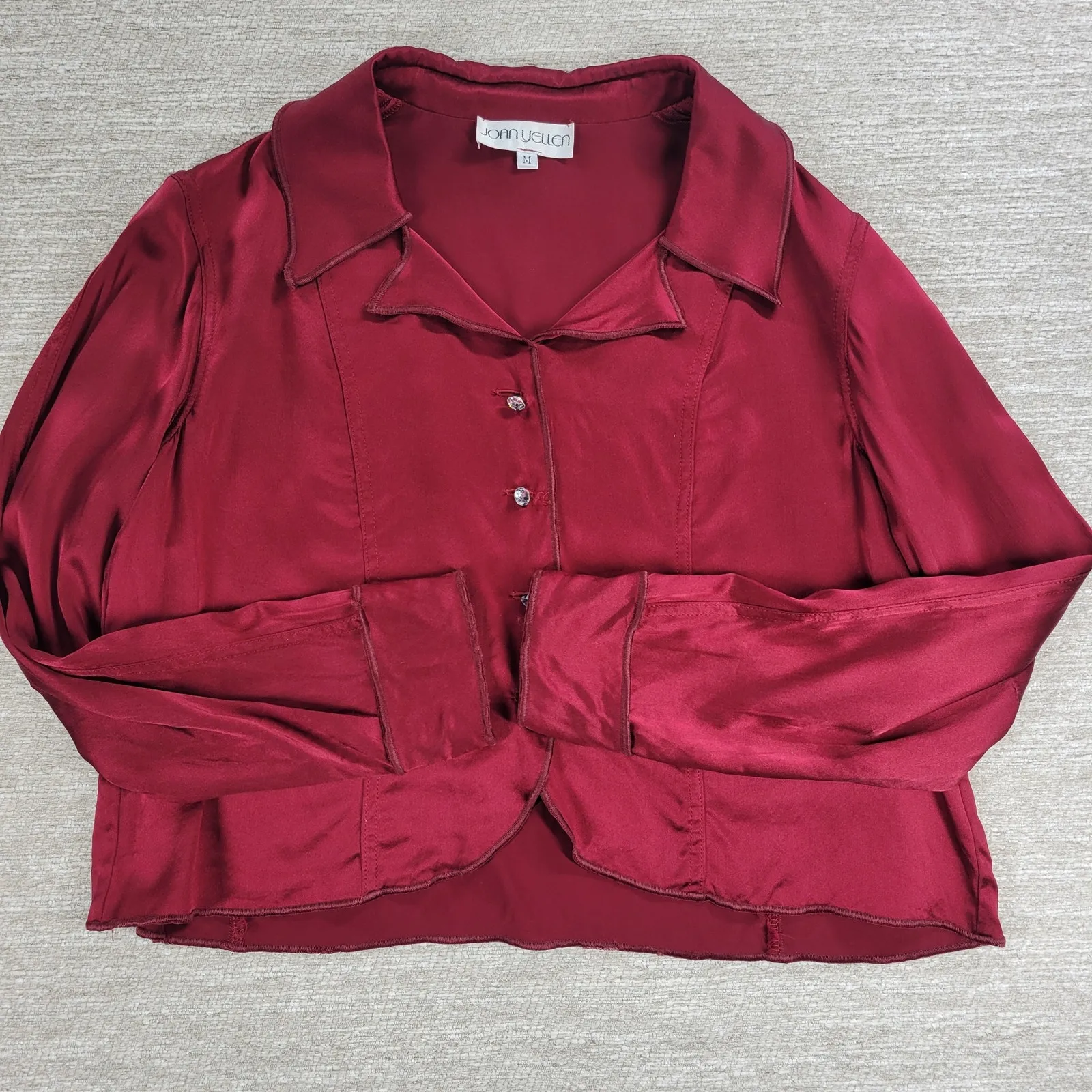 Vintage Joan Yellen Rhinestone Button Satin Blouse Womens Medium Red Silky Top - Image 5