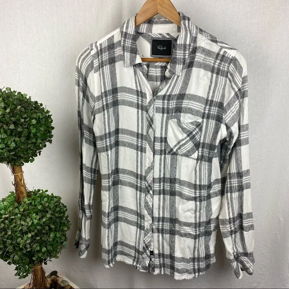 Rails Black & White Plaid Checker Gingham Long Sleeve Button Up Top M - Image 2
