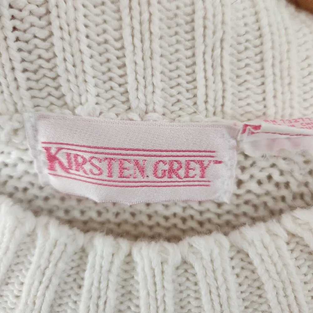 Vintage 80s Kirsten Grey Knit Sweater Pullover Pastel Floral Grapes Cottagecore White Size L - Image 3