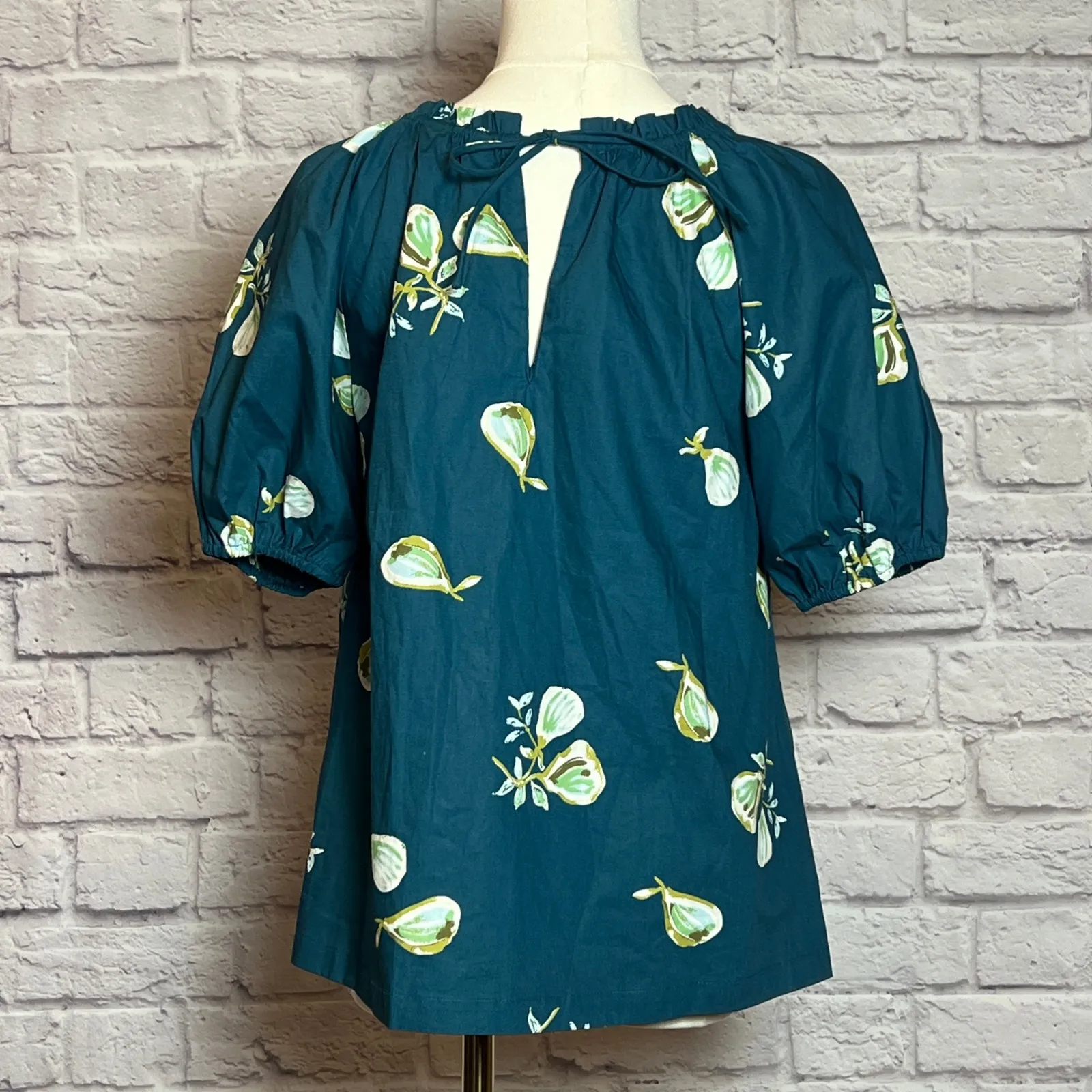 FatFace Ronnie Fig Print Teal Blue Puff Sleeve Blouse Women's 4 - Image 3