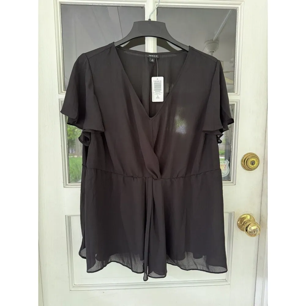 Torrid Women's V-Neck Peplum Pullover Top Black Sz 2 Polyester New Cap Sleeve GA - Image 6