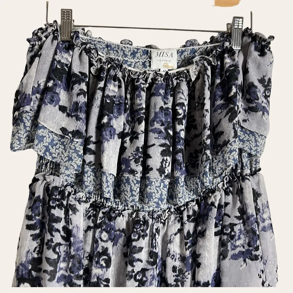 MISA Nadia Purple Blue Strapless Floral Print Tiered Maxi Dress Size M - Image 6