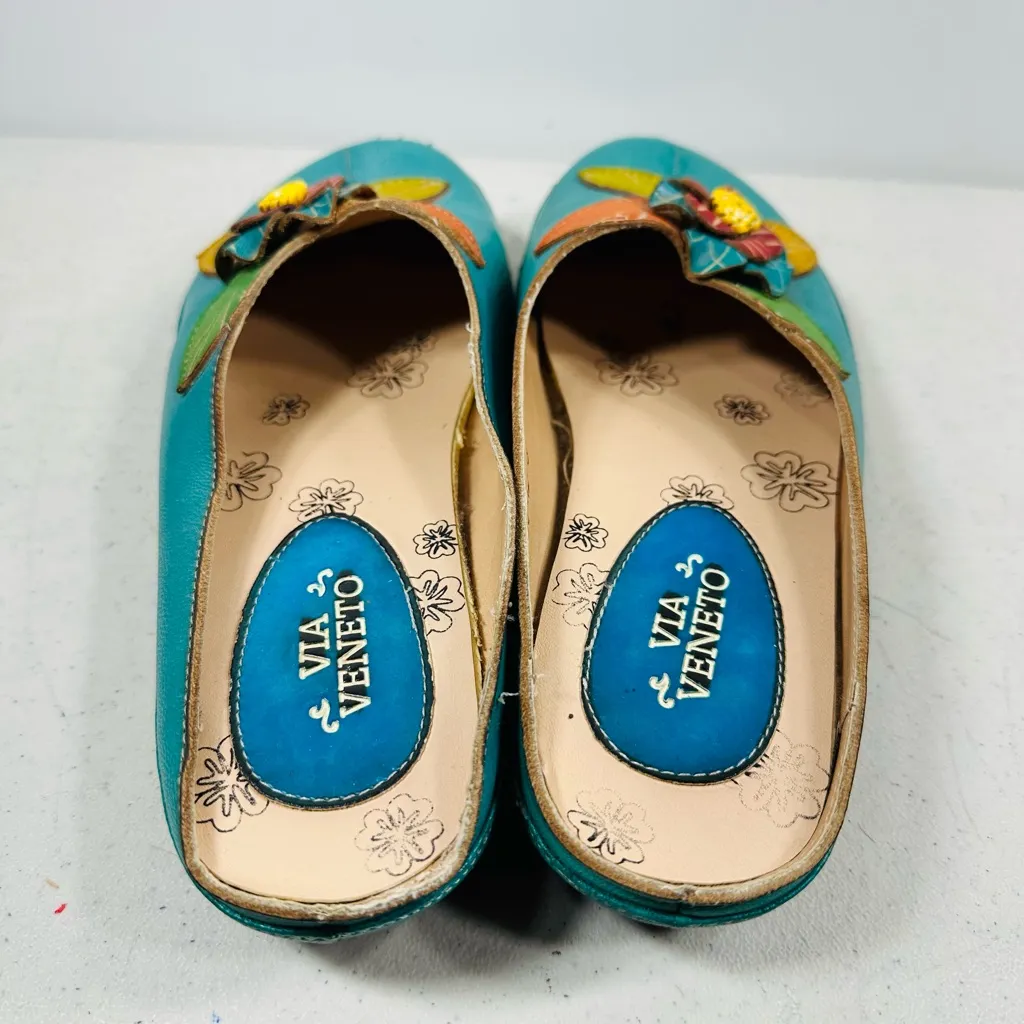 Via Veneto teal leather mules with a decorative flower size 8 Blue - Image 5