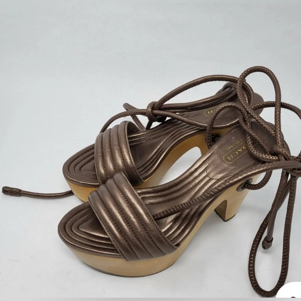 Coach Women Size 5.5  Bronze Brown Leather Strappy Wooden Heel Sandals - Image 2