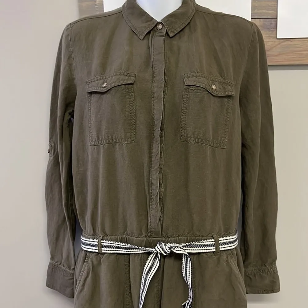 LOFT Army Green 1/2 Button Elastic Waist Jogger Jumpsuit w/Tassel Stripe Belt- S - Image 2