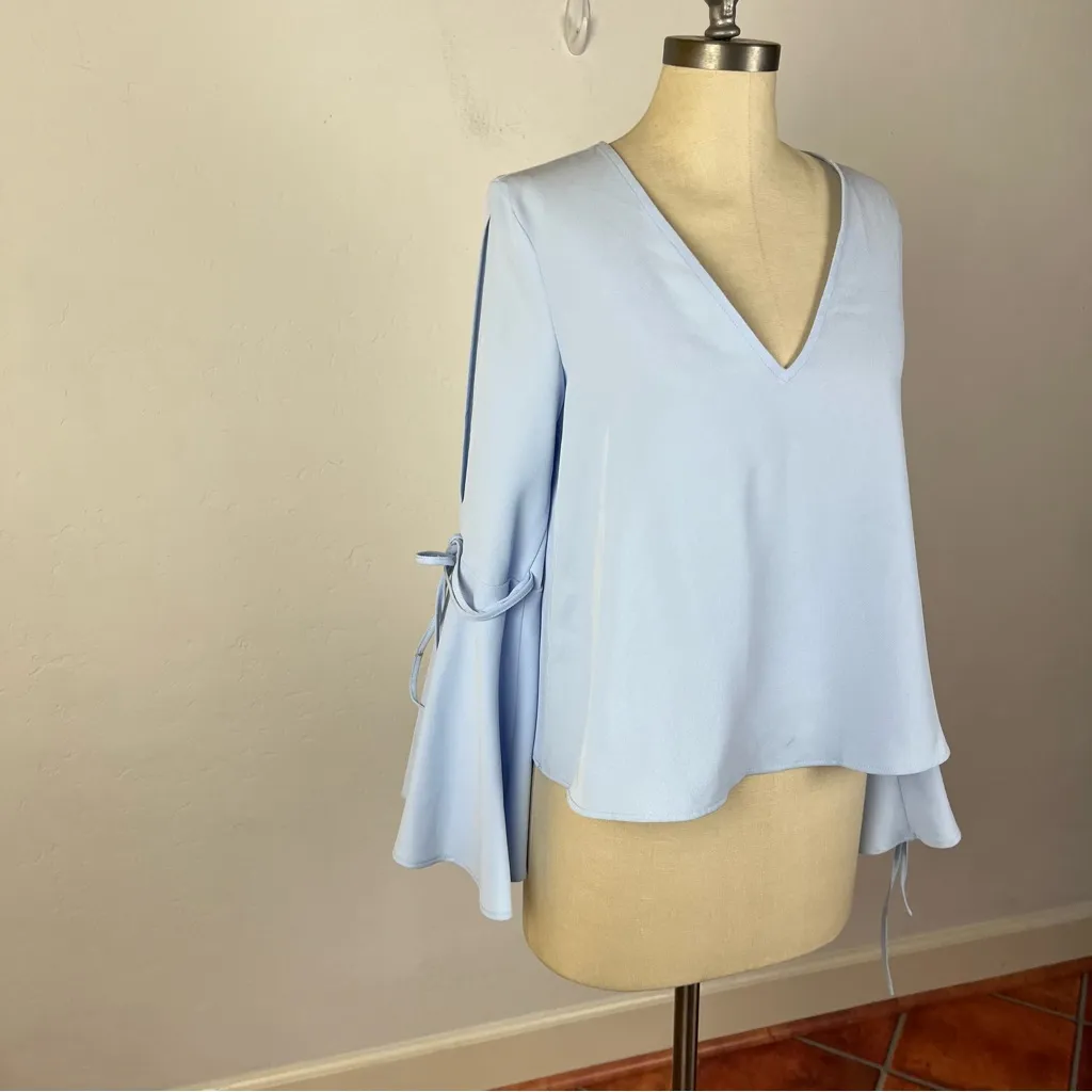 Topshop Light Blue Tie Bell Sleeve Blouse - Image 2