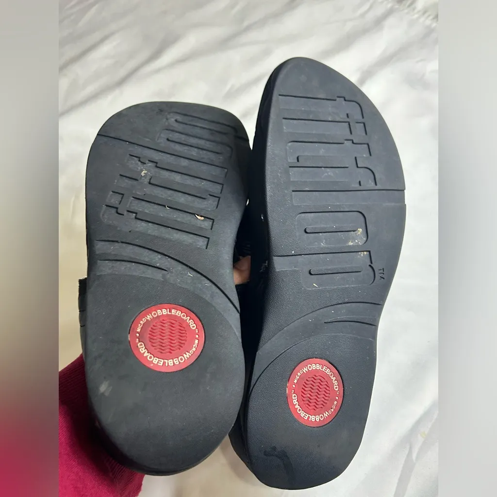 FITFLOP  WALKSTAR BLACK LEATHER WOBBLE BOARD WEDGE FLIP FLOP SANDAL 10 - Image 4