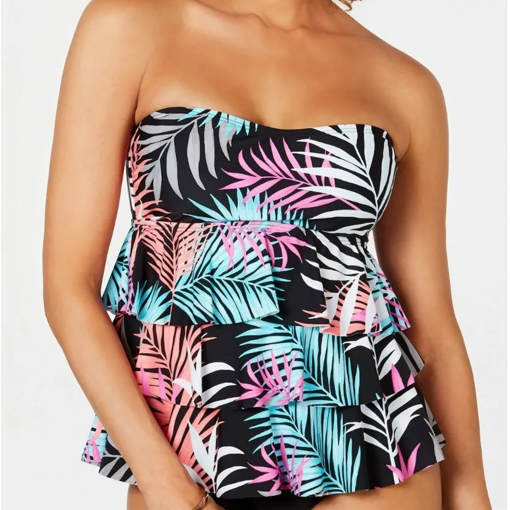 Island Escape Neon Hawaiian Tropical Palm Convertible Tankini Swimsuit Top 8 NEW Black - Image 13