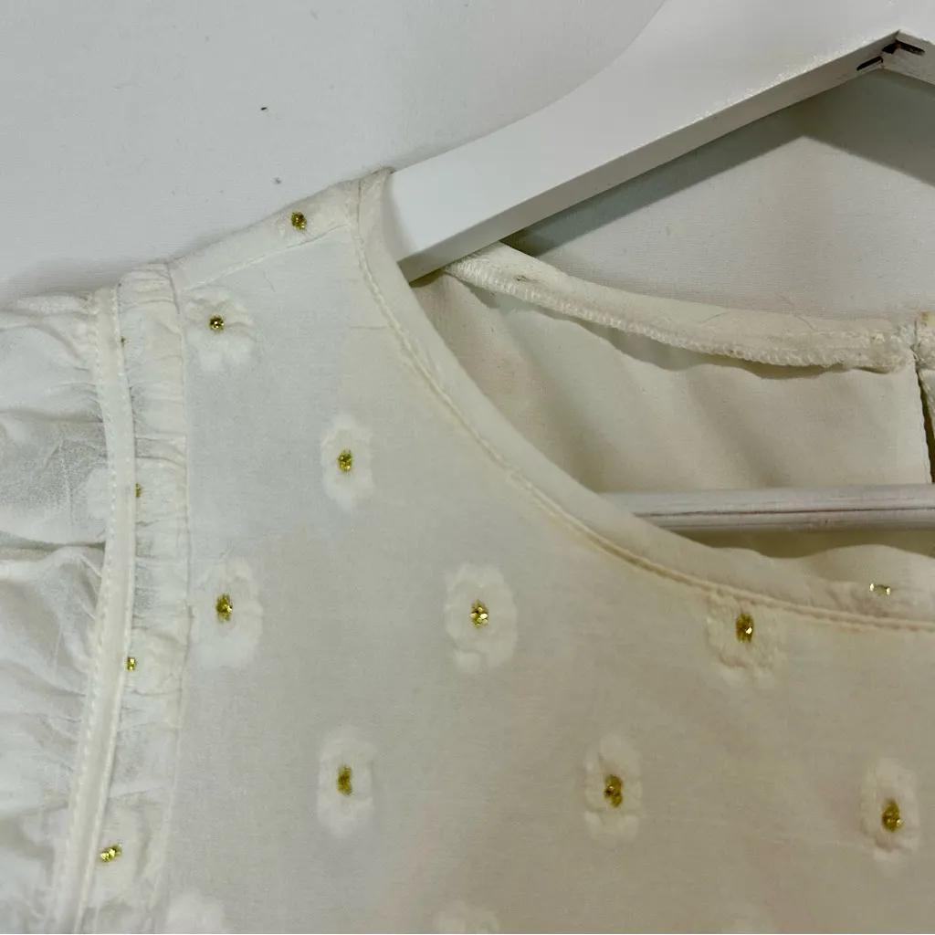 Loft Women’s Textured Layered Ruffle Sleeve Floral Blouse White Gold M P Girly - Image 9