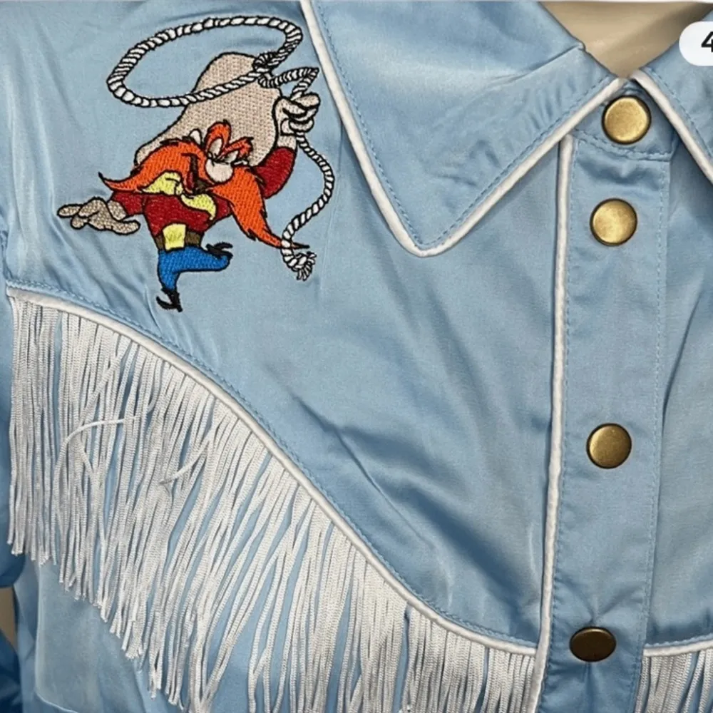 Looney Tunes Unique Vintage Western Embroidered Blue Fringe Button Up Blue Shirt Size L - Image 8